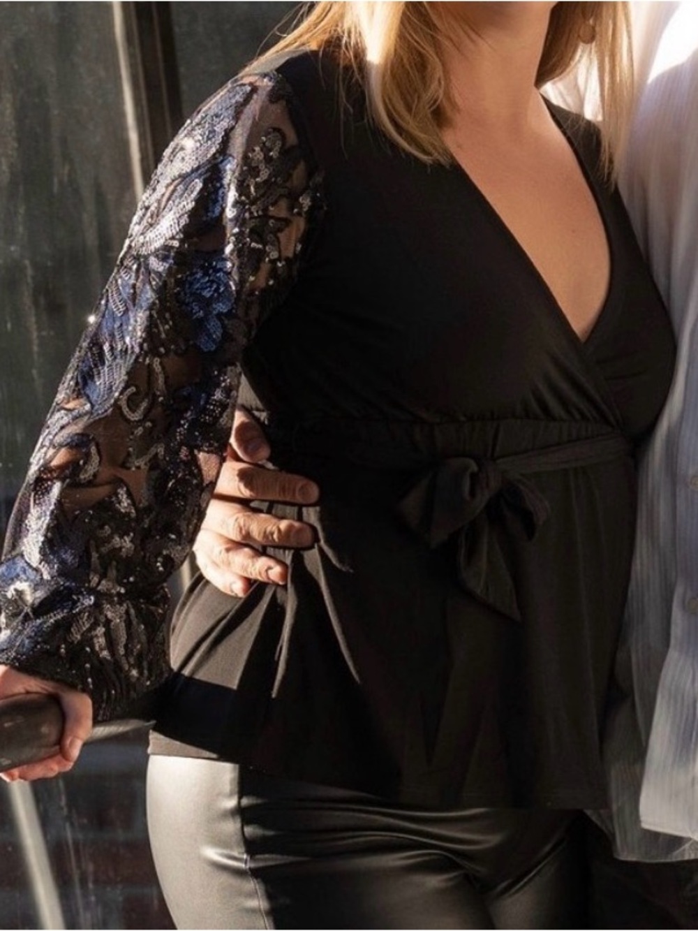 VENUS black blouse with embellished sheer sleeves